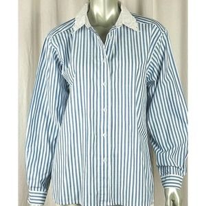 VINTAGE Blue White Striped Long Sleeve Button Down Collar Blouse Large